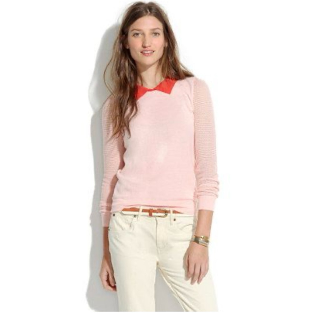 Pink Crew Neck Sweater with Red Collar